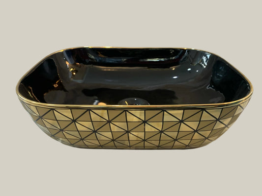 Gold and Black Square Porcelain Countertop Wash Basin Geometric Pattern