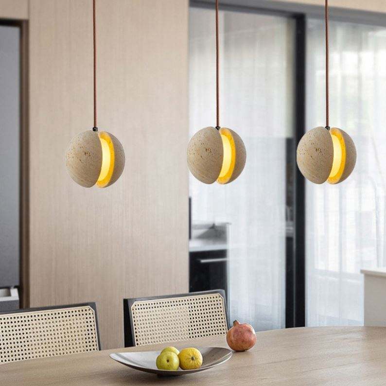 Travertine Stone Pendant Light – LED Hanging Ball Chandelier for Kitchen Island & Dining Spaces