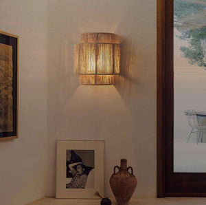 Modern LED Wall Lamp – Hand-Woven Bamboo & Rattan, Japanese Art Style for Bedroom & Living Room