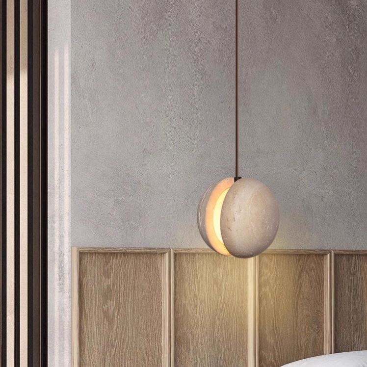 Travertine Stone Pendant Light – LED Hanging Ball Chandelier for Kitchen Island & Dining Spaces