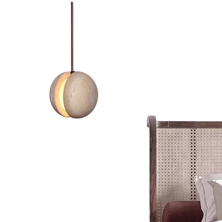 Travertine Stone Pendant Light – LED Hanging Ball Chandelier for Kitchen Island & Dining Spaces