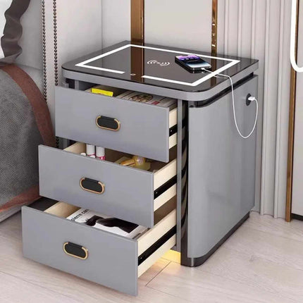 Modern Smart Nightstand with LED Light and Wireless Charging – 3 Drawer Bedside Table for Bedroom Storage