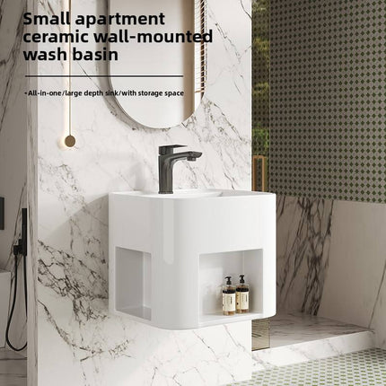 Small Wall-Mounted Porcelain Washbasin – Compact One-Piece Lavabo Sink for Apartments and Small Bathrooms