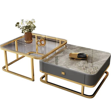 Zweiteiliger Couchtisch aus Edelstahl mit Glasplatte, passend für das Wohnzimmer 