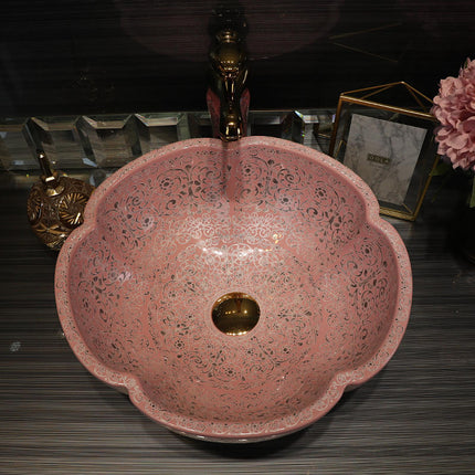 Vasque à poser en céramique rose en forme de fleur