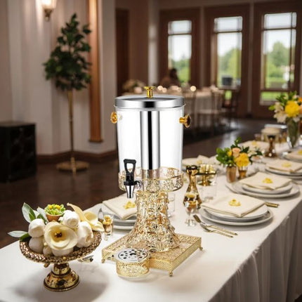 Distributeur de boissons de luxe en acier inoxydable 8L, base dorée, robinet de fête. Matériaux : plastique et acier inoxydable. 