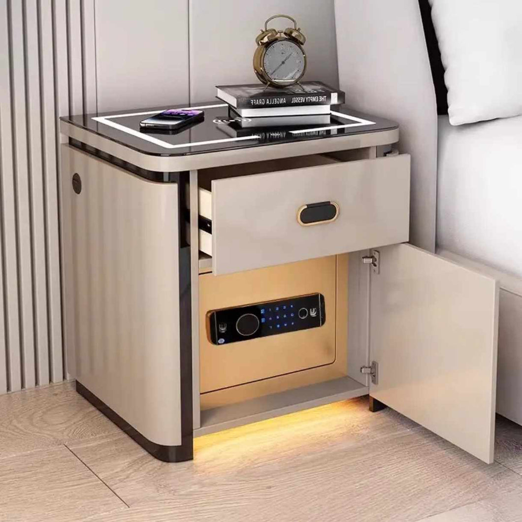 Modern Smart Bedside Table with Fingerprint Lock, Bluetooth Speaker, Wireless Charging and LED Light – Luxury Bedroom Nightstand
