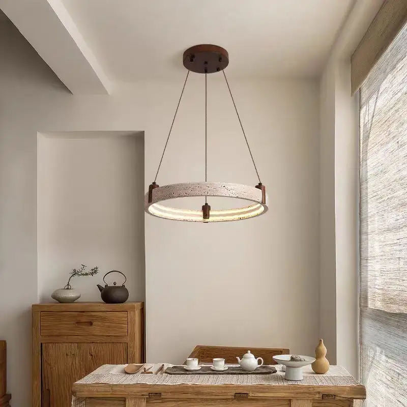 Modern Minimalist Luxury Round Ring Travertine Chandelier – Hanging Light for Living Room, Bedroom, and Lobby