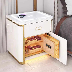 Modern Smart Bedside Table with Fingerprint Lock, Bluetooth Speaker, Wireless Charging and LED Light – Luxury Bedroom Nightstand