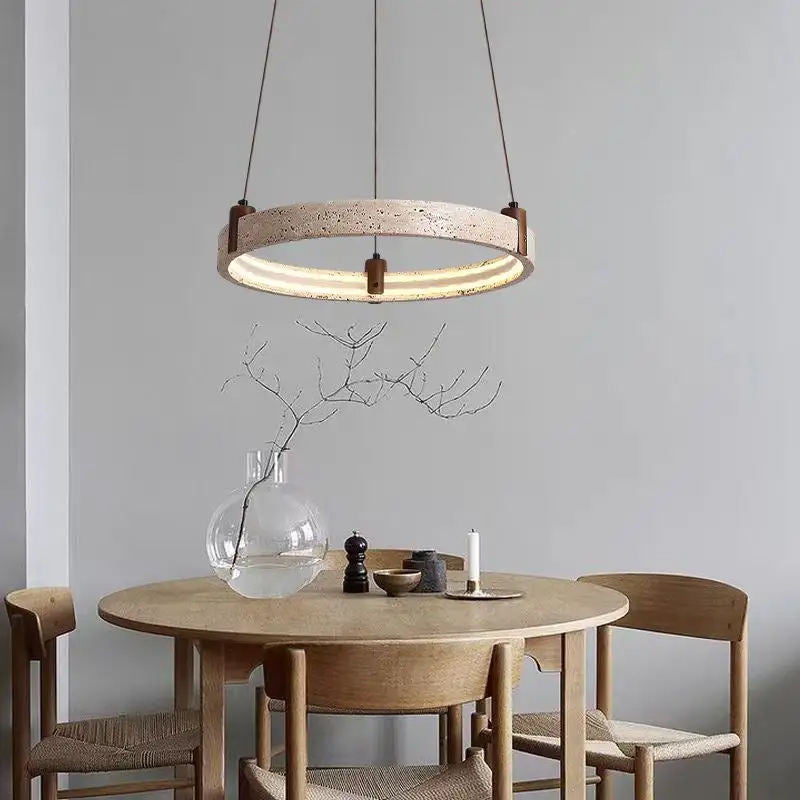 Modern Minimalist Luxury Round Ring Travertine Chandelier – Hanging Light for Living Room, Bedroom, and Lobby