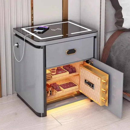 Moderner, smarter Nachttisch mit Fingerabdruckschloss, Bluetooth-Lautsprecher, kabelloser Ladefunktion und LED-Beleuchtung – Luxuriöser Nachttisch fürs Schlafzimmer