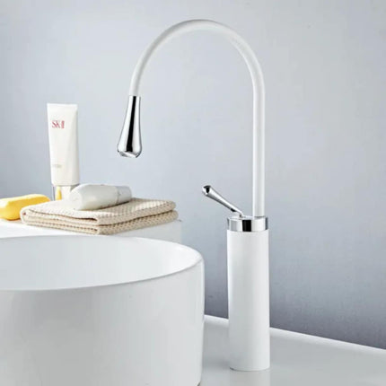 Modern Luxury Single-Handle Brass Bathroom Faucet – White & Silver Vessel Sink Tap, Deck-Mounted