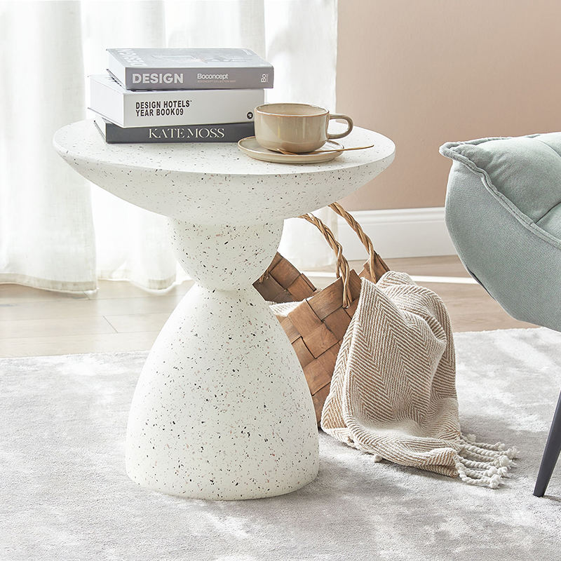 Creative Wabi-Sabi Cream Coffee Table – Faux Terrazzo Small Round Bedside Table for Home & Garden Décor
