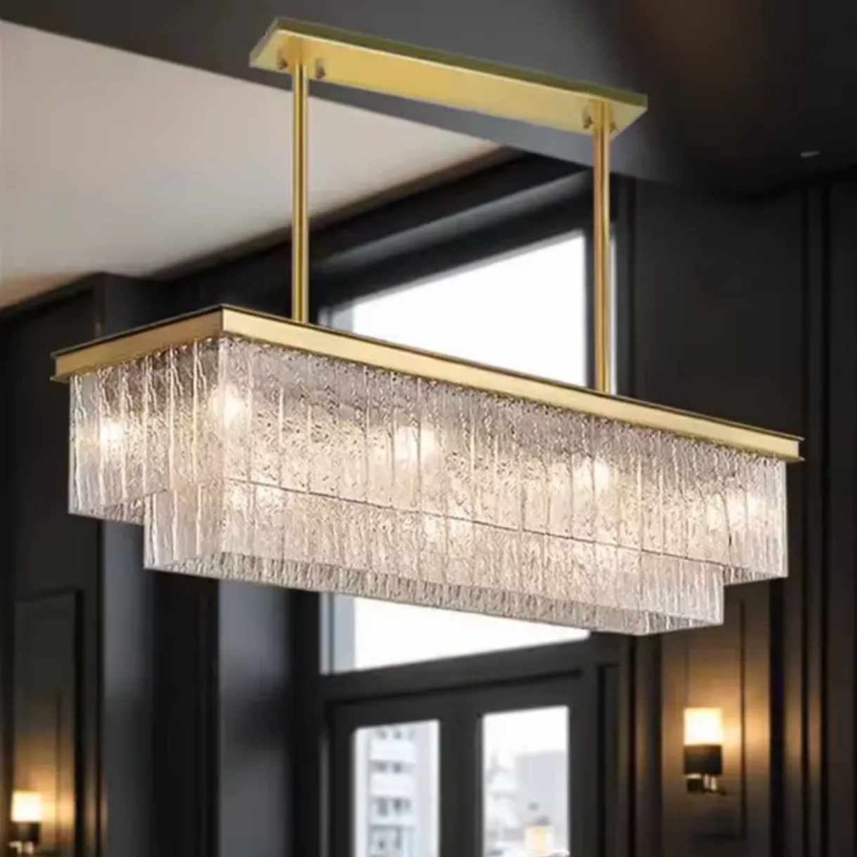 Luxury Modern Rectangular Crystal Chandelier – Gold Frame Linear Penda ...