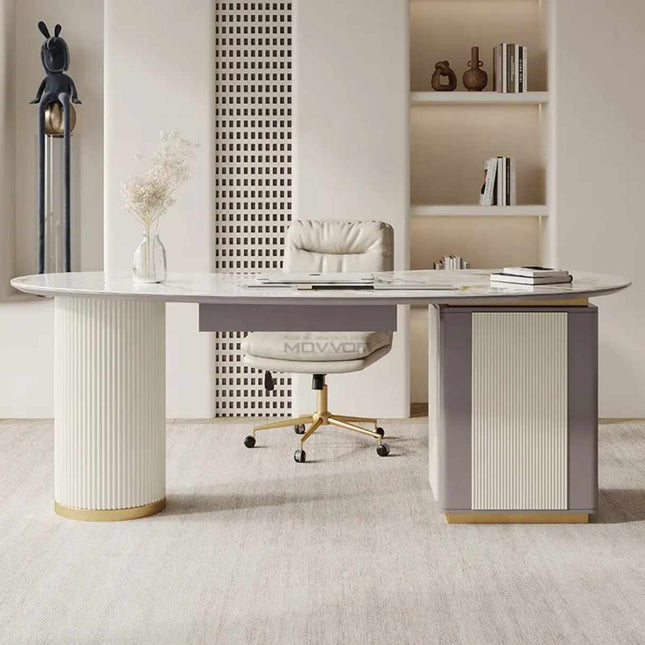 Bureau d'ordinateur design italien moderne, luxueux, avec plateau en pierre et tiroir de rangement résistant.