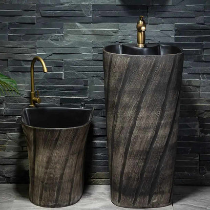 Modern Style Porcelain Pedestal Sink – Single Hole Outdoor Floor-Standing Washbasin with Integrated Drainer for Courtyard, Balcony, Garden, and Hotel Use