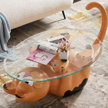 Modern Design Garfield Coffee Table or Center Table Cat-Inspired Glass Top Coffee Table FRP Furniture for Home Living Room Villa