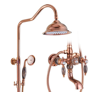American Full Brass Natural Jade Stone Rose Gold Shower Head Set European Style Antique Hot and Cold Water Faucet