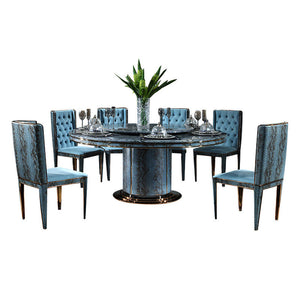 Modern Luxury Rotating Dining Table Set – 6 Seater with Blue Chairs, Natural Marble Top & Stainless Steel Base, High-End Home & Hotel Furniture