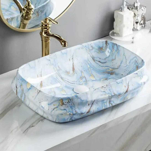 Rectangular Blue Marble Porcelain Bathroom Sink – Luxury Countertop Wash Basin with Gold Accents, Modern Vessel Basin