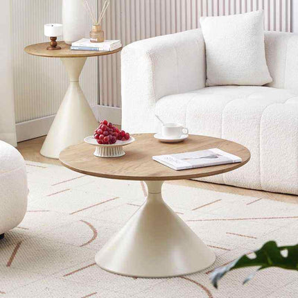 Modern Cream Solid Wood Coffee Table – Minimalist Circular Edge Table for High-End Living Room & Home Décor