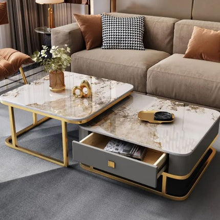 Zweiteiliger Couchtisch aus Edelstahl mit Glasplatte, passend für das Wohnzimmer 