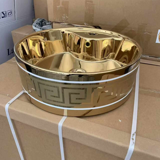 Luxury Electroplated Gold-Plated Pure Porcelain Sink Basin with Greek Key Design – Above Counter Bathroom Sink