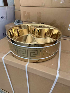 Luxury Electroplated Gold-Plated Pure Porcelain Sink Basin with Greek Key Design – Above Counter Bathroom Sink