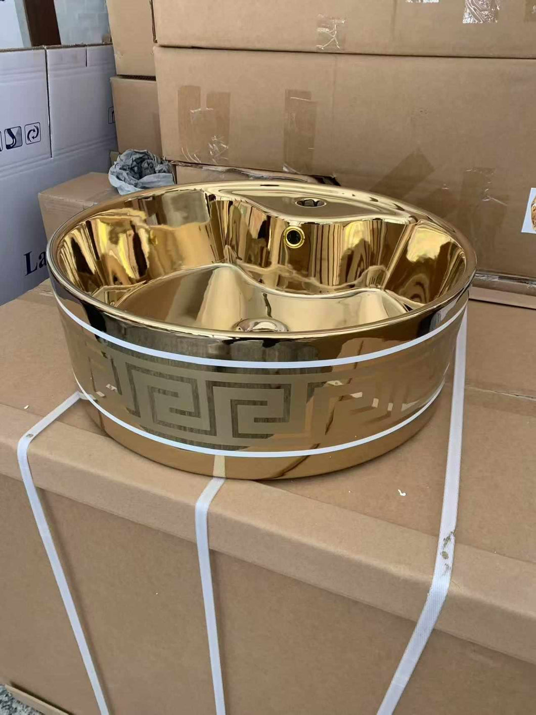 Luxury Electroplated Gold-Plated Pure Porcelain Sink Basin with Greek Key Design – Above Counter Bathroom Sink
