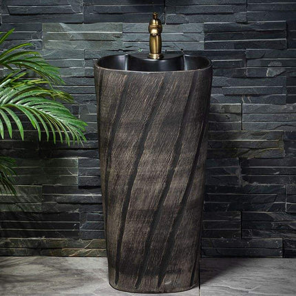 Modern Style Porcelain Pedestal Sink – Single Hole Outdoor Floor-Standing Washbasin with Integrated Drainer for Courtyard, Balcony, Garden, and Hotel Use