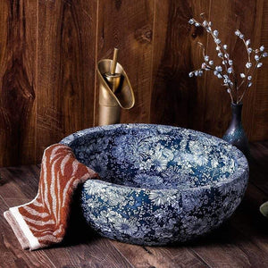 Blue & White Hand-Painted Porcelain Wash Basin – Round Countertop Bathroom Sink