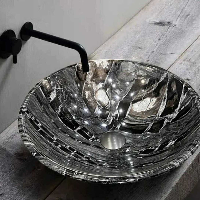 Round Black Marble Bathroom Sink – Luxury Countertop Vessel Wash Basin, Modern Stone Lavabo for Vanity & Washroom