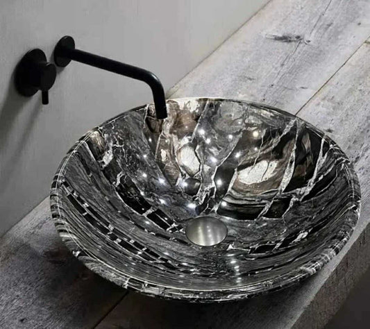 Round Black Marble Bathroom Sink – Luxury Countertop Vessel Wash Basin, Modern Stone Lavabo for Vanity & Washroom