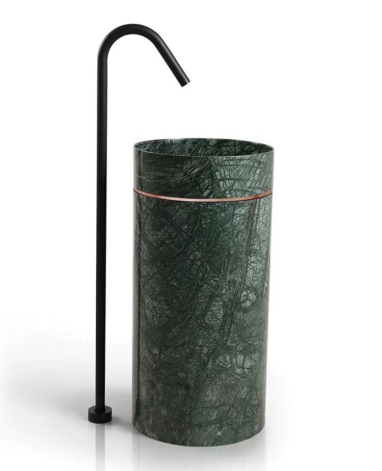 Luxury Green Stone Pedestal Sink with Golden Stainless Steel Ring – Designer Freestanding Basin