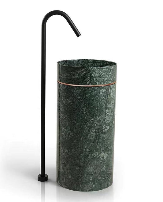 Luxury Green Stone Pedestal Sink with Golden Stainless Steel Ring – Designer Freestanding Basin