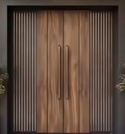 Custom Size Double Solid Wood Flush Door – Luxury Brown Finish with Vertical Grain, Elegant Gold Handles, Water-Resistant and Sound-Insulating for Modern Villa, Home, or Commercial Entryways
