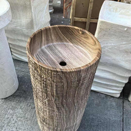 Wooden Stone Pedestal Sink – Freestanding Natural Stone Basin with Wood Grain Texture for Rustic & Modern Bathrooms