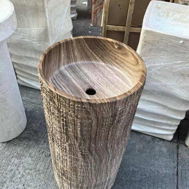 Wooden Stone Pedestal Sink – Freestanding Natural Stone Basin with Wood Grain Texture for Rustic & Modern Bathrooms