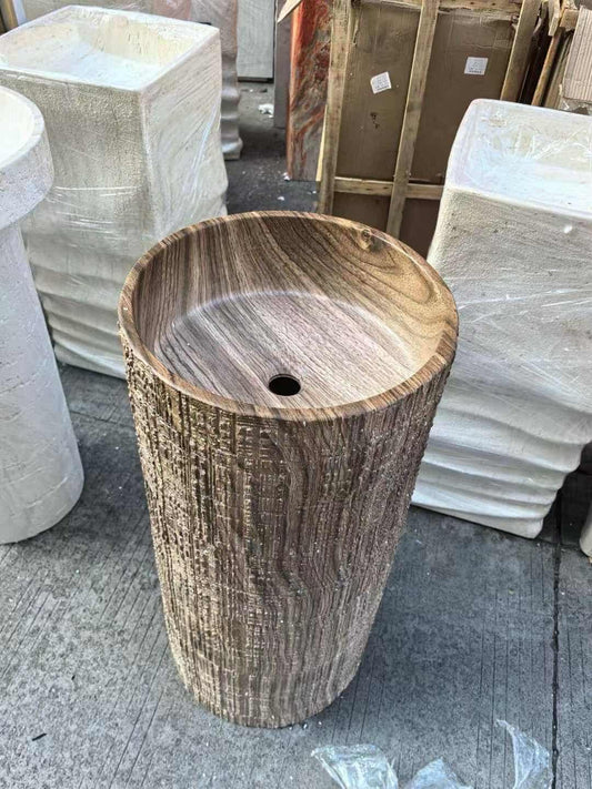 Wooden Stone Pedestal Sink – Freestanding Natural Stone Basin with Wood Grain Texture for Rustic & Modern Bathrooms