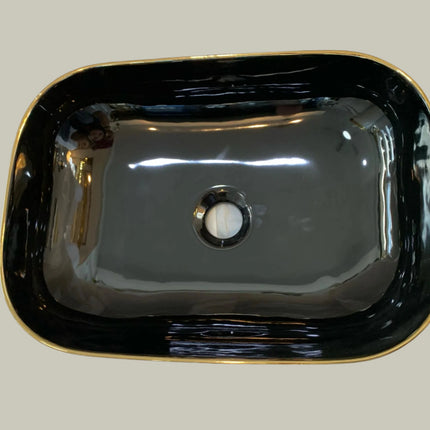 Vasque à poser carrée en porcelaine or et noir, motif géométrique