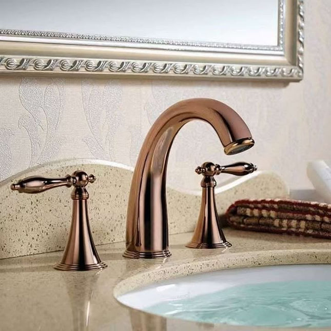 Classic 3-Hole Bathroom Faucet – Dual Handle Rose Gold Sink Mixer