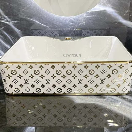 White Gold Luxury LV Style Porcelain Countertop Bathroom Basin