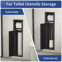 Load image into Gallery viewer, Matte Black Concealed Toilet Paper Holder with Brush – Wall Mounted 304 Stainless Steel Bathroom Accessory Set
