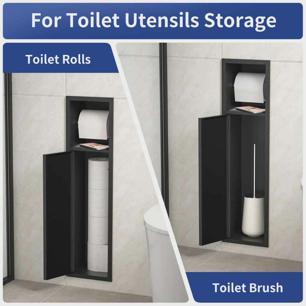 Matte Black Concealed Toilet Paper Holder with Brush – Wall Mounted 304 Stainless Steel Bathroom Accessory Set