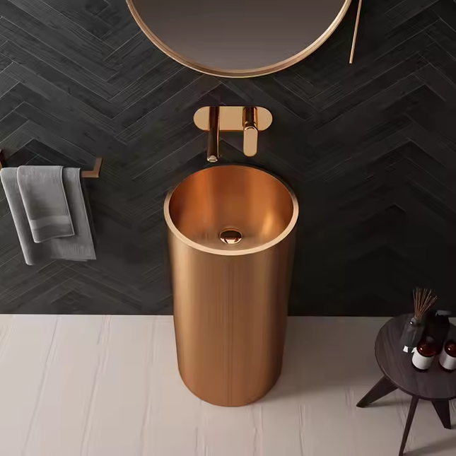 Luxury Rose Gold Freestanding Bathroom Basin – Modern Floor Standing Washbasin for Elegant Homes, Hotels & Powder Rooms