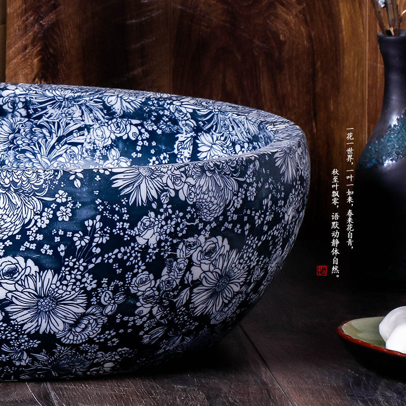 Blue & White Hand-Painted Porcelain Wash Basin – Round Countertop Bathroom Sink