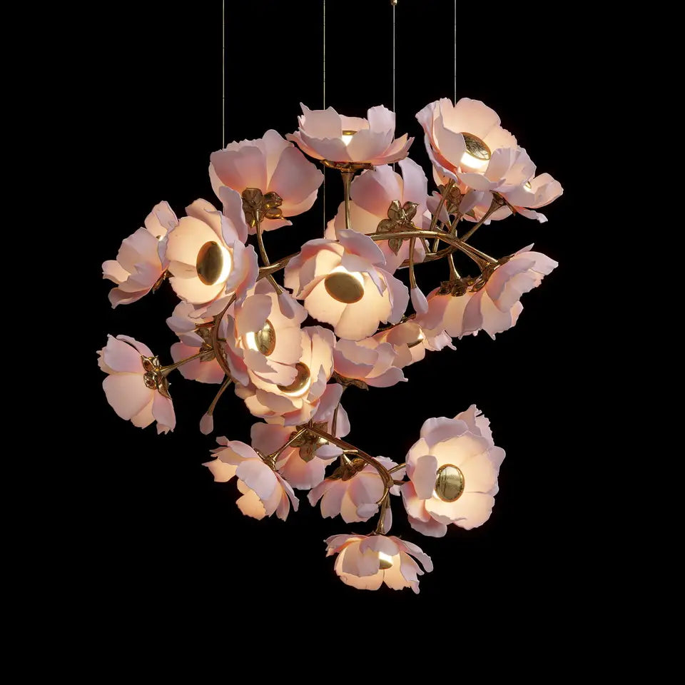 Graceful Flower Chandeliers French Style Pendant Light Pink Peony Flower String