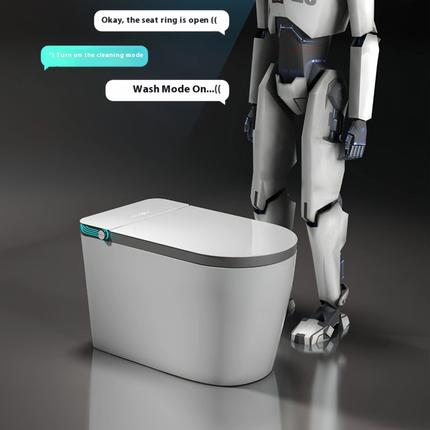 Modern toilet with robot-like figure next to it on a dark background