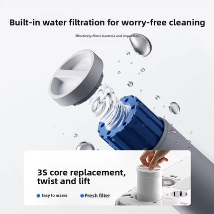 Water filtration system with text highlighting built-in water filtration and ease of use.