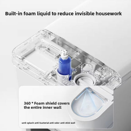 Clear plastic device with blue liquid component on a white background, featuring text about foam liquid and 360-degree foam shield.